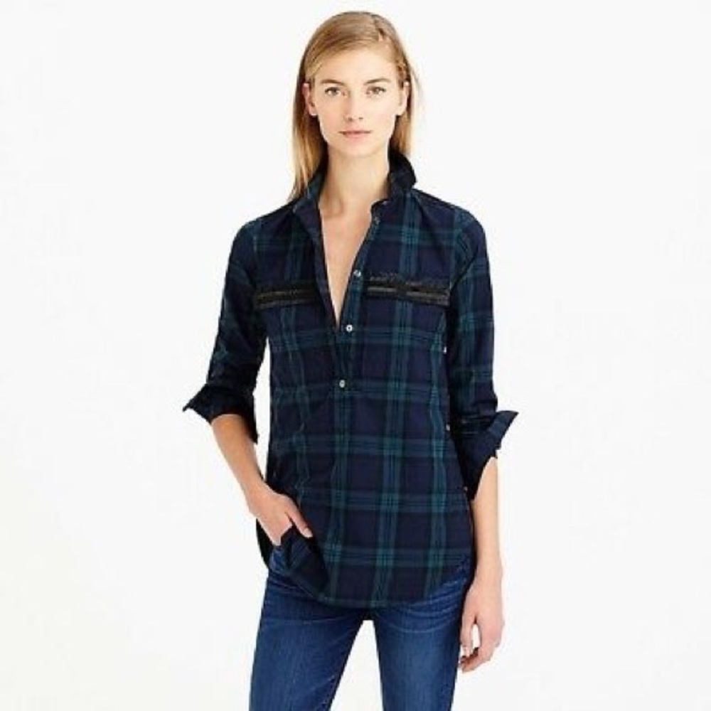 J Crew Plaid Button Down with black sequins